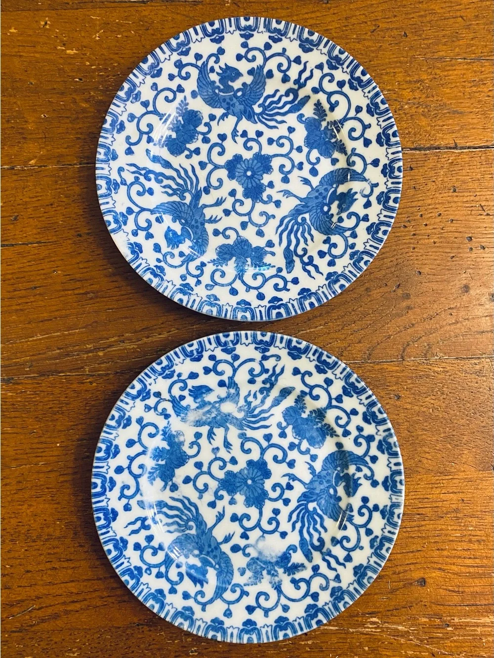 2 VTG Phoenix Bird Chrysanthemum Blue White Japanese Porcelain Plates Saucers